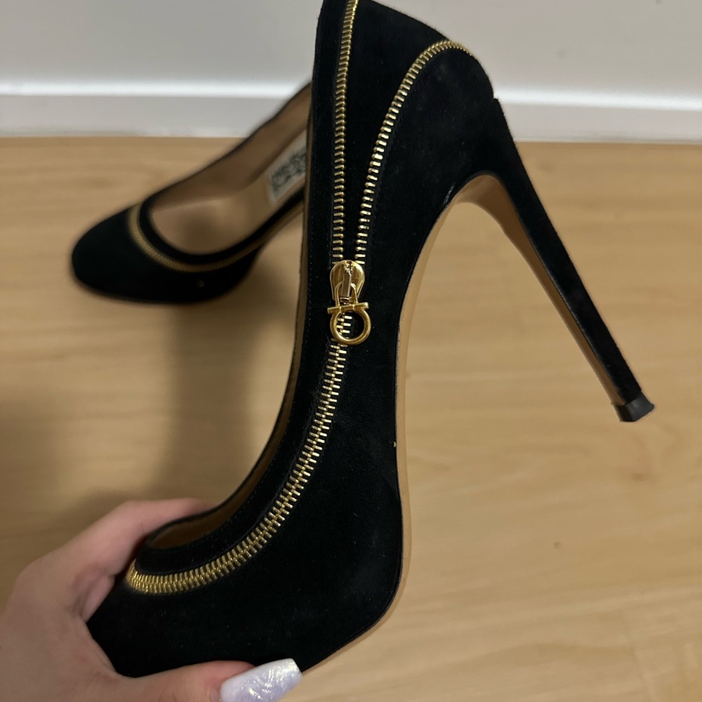 SALVATORE FERRAGAMO Black Suede Zip Platform Heels Made in Italy  size US6,5 - Picture 7 of 11